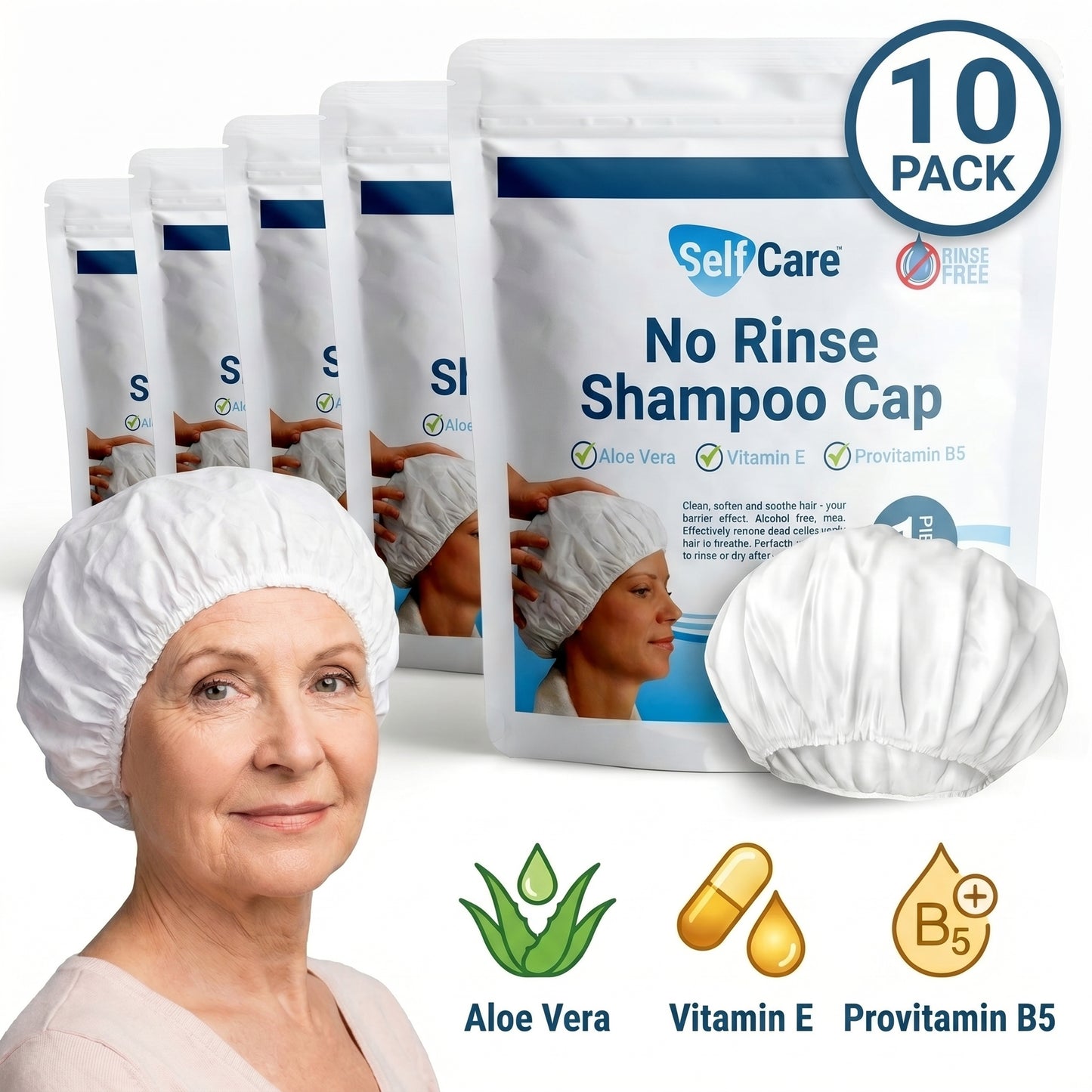 Shampoo Cap - Waterless for Elderly or Bedridden - No Rinse, Anti-Bacterial, Enriched with Aloe Vera, Vitamin E, & Provitamin B5