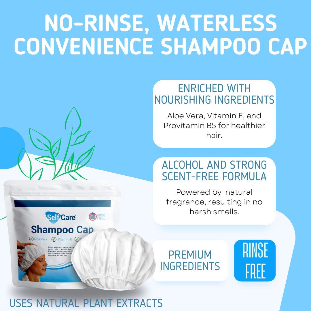 Shampoo Cap - Waterless for Elderly or Bedridden - No Rinse, Anti-Bacterial, Enriched with Aloe Vera, Vitamin E, & Provitamin B5