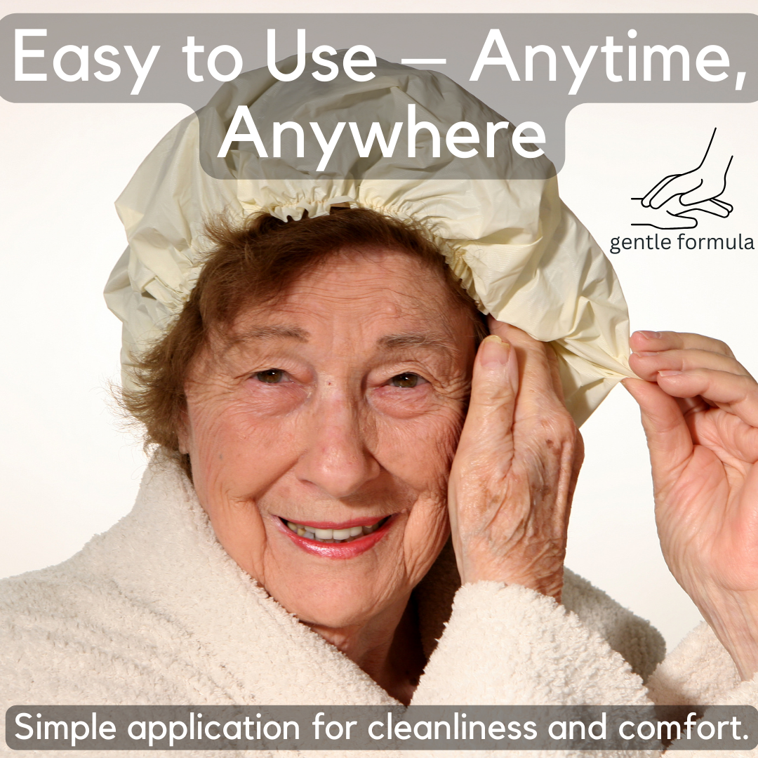 Shampoo Cap - Waterless for Elderly or Bedridden - No Rinse, Anti-Bacterial, Enriched with Aloe Vera, Vitamin E, & Provitamin B5