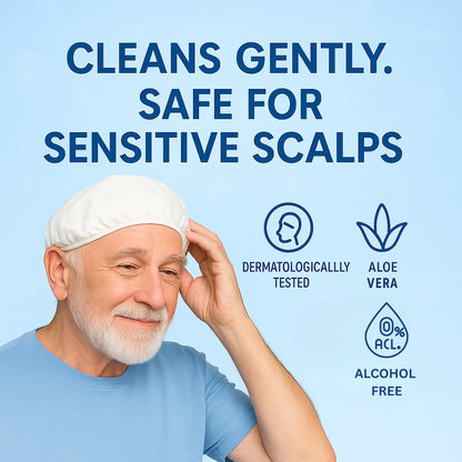 Shampoo Cap - Waterless for Elderly or Bedridden - No Rinse, Anti-Bacterial, Enriched with Aloe Vera, Vitamin E, & Provitamin B5