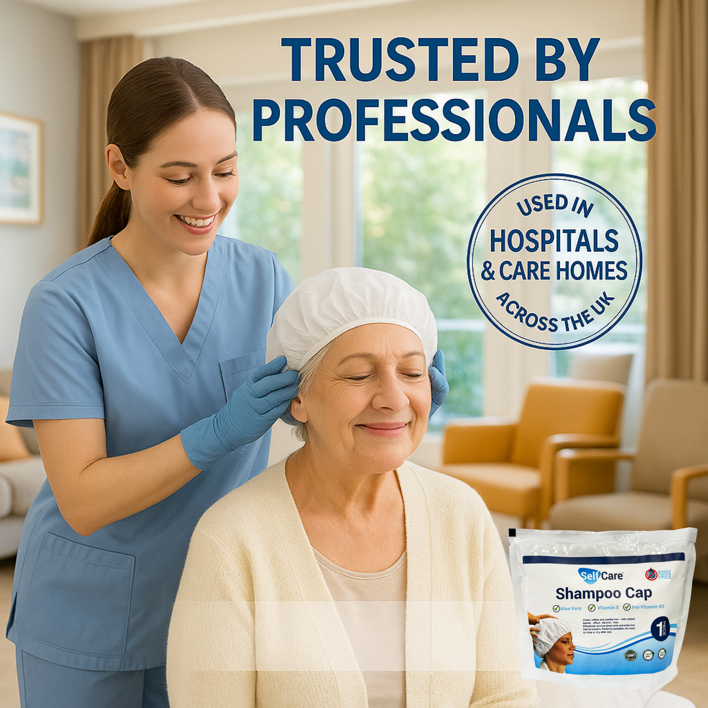 Shampoo Cap - Waterless for Elderly or Bedridden - No Rinse, Anti-Bacterial, Enriched with Aloe Vera, Vitamin E, & Provitamin B5
