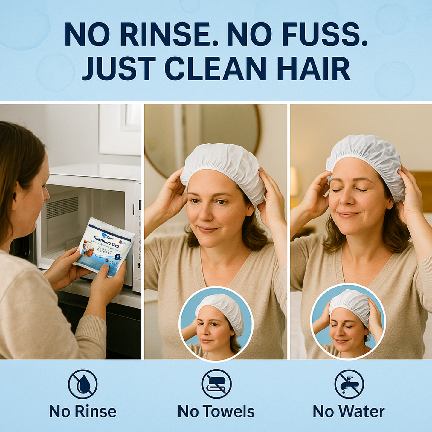 Shampoo Cap - Waterless for Elderly or Bedridden - No Rinse, Anti-Bacterial, Enriched with Aloe Vera, Vitamin E, & Provitamin B5
