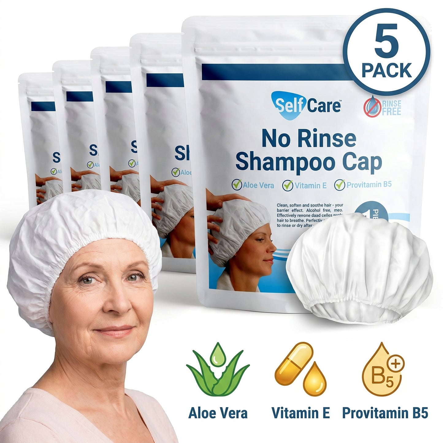 Shampoo Cap - Waterless for Elderly or Bedridden - No Rinse, Anti-Bacterial, Enriched with Aloe Vera, Vitamin E, & Provitamin B5