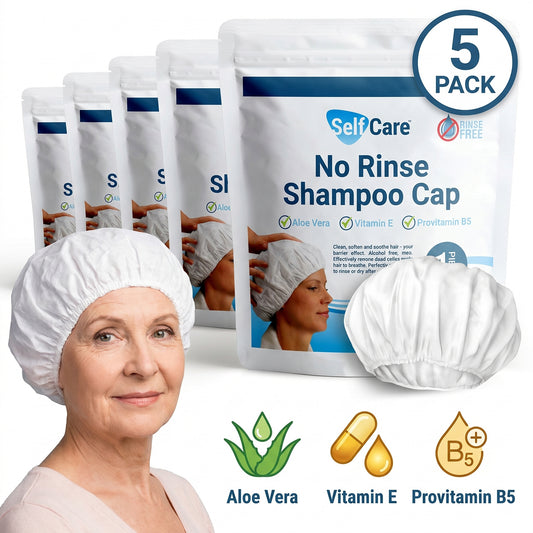 Shampoo Cap - Waterless for Elderly or Bedridden - No Rinse, Anti-Bacterial, Enriched with Aloe Vera, Vitamin E, & Provitamin B5